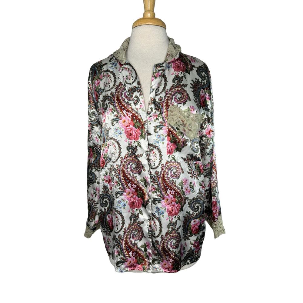 VICTORIAS SECRET Gold Label Vintage Paisley Lace Sleep Shirt Pajama Top Small